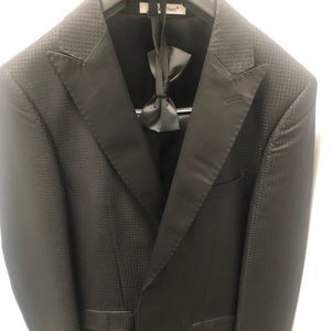 Black Custom Tuxedo Suit with Satin Pants and Bowtie